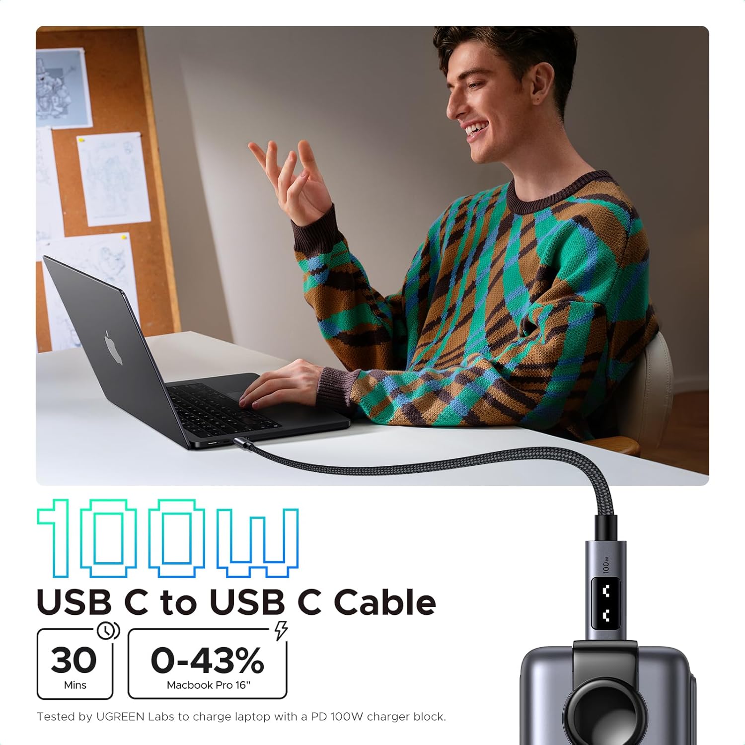 Cable UGREEN Uno USB-C a USB-C 100W con LED de 2 Metros - Image 2