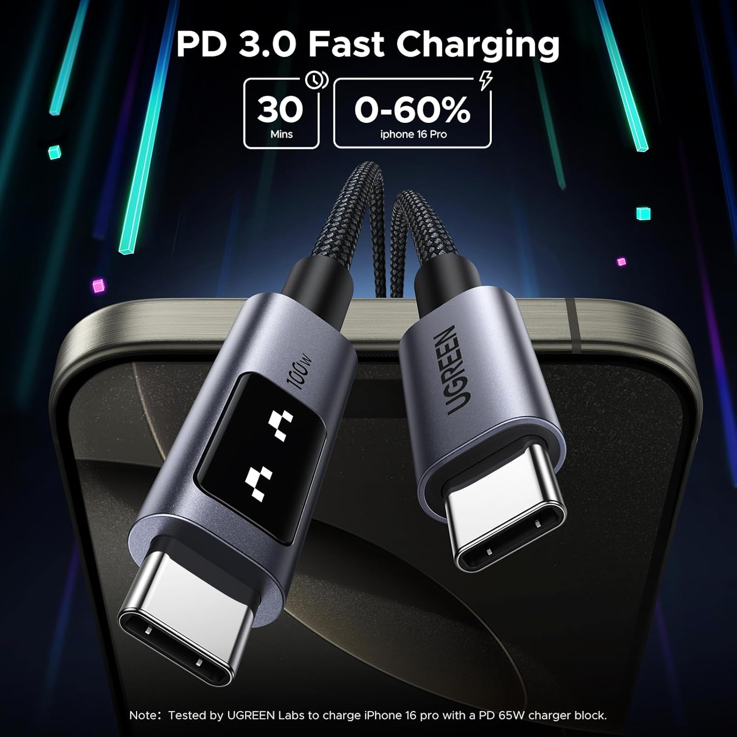 Cable UGREEN Uno USB-C a USB-C 100W con LED de 2 Metros - Image 3