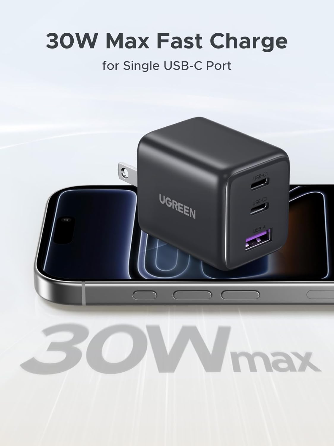 Cargador UGREEN USB-C 30W GaN II de 3 Puertos - Image 3
