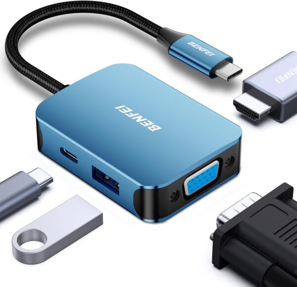 Hub USB-C BENFEI 4 en 1 con HDMI, VGA, USB 3.0 y Carga PD 100W
